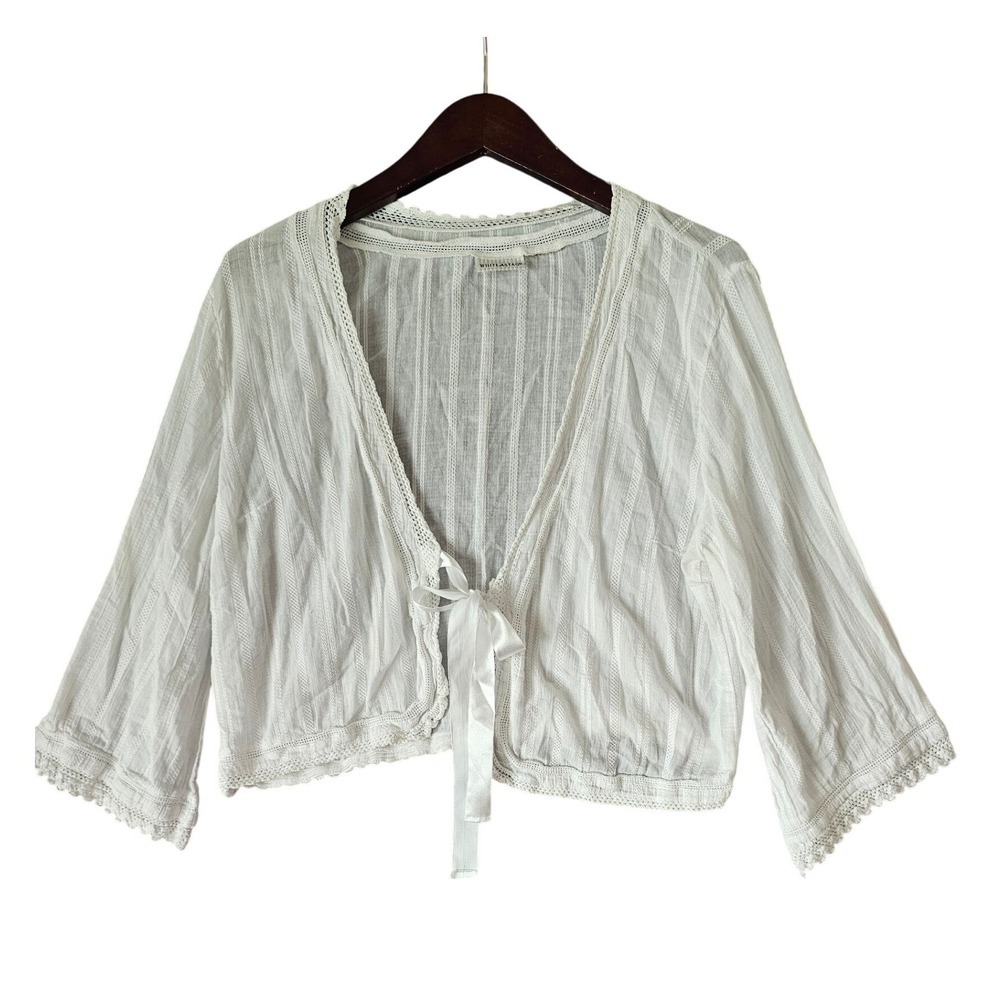 White Stag Women White Crochet Lace Trim Tie Front Cropped Shrug Cardigan M/L